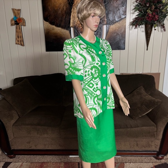 Gene Roye • Vintage • Silk • Lime Green / White • Geometric • Size 12 • Dress - Picture 13 of 16